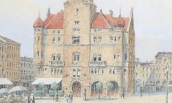 Der Hláska-Turm (heute Rathaus) in Troppau (Opava), signiert F. Demel, Aquarell auf Papier, 32,5 x 22,5 cm - Franz Demel, Public domain, via Wikimedia Commons