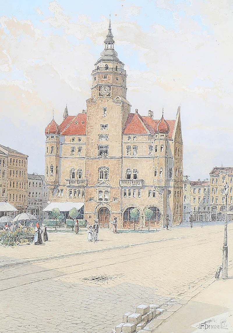 Der Hláska-Turm (heute Rathaus) in Troppau (Opava), signiert F. Demel, Aquarell auf Papier, 32,5 x 22,5 cm - Franz Demel, Public domain, via Wikimedia Commons